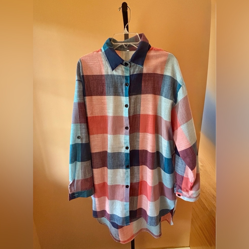 Plaid Button-Up Shirt/Dress in Pink, Blue & White. High-Low Style 3XL Never Worn